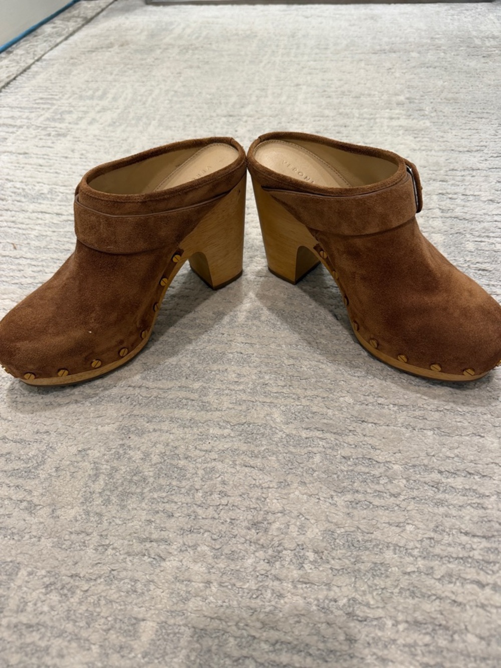 Veronica Beard Brown Suede Studded Wooden Clogs